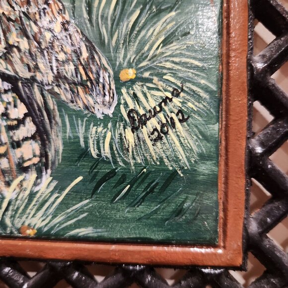 Hand-Painted Owl On Pine Branch Wall Art Signed By Artist In 2012 11.5" Sq - Picture 2 of 3